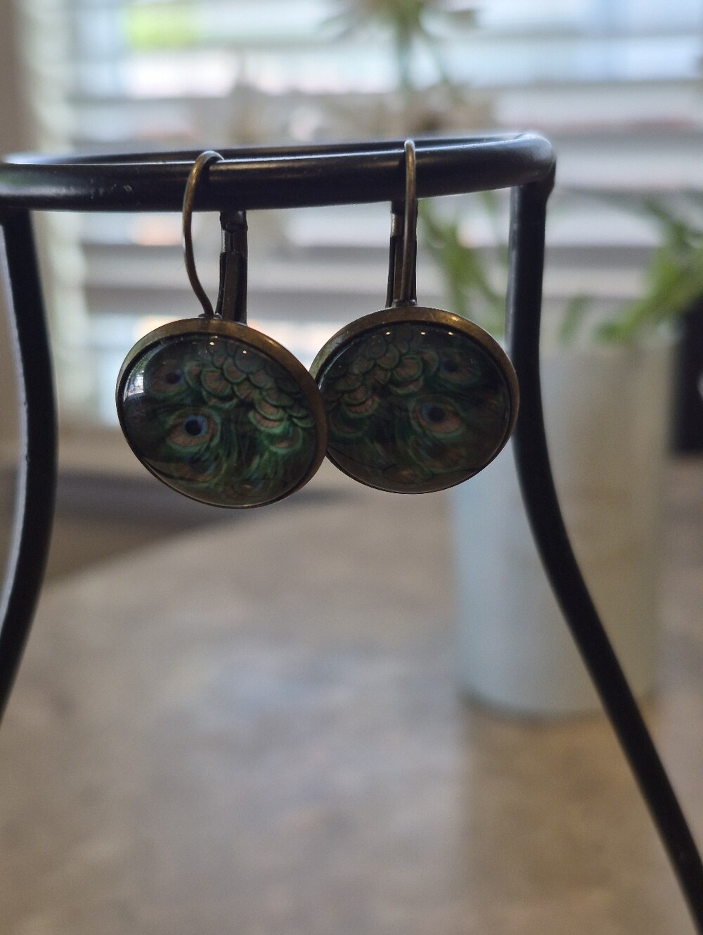 Peacock Feather Glass Cabochon Drop Earrings